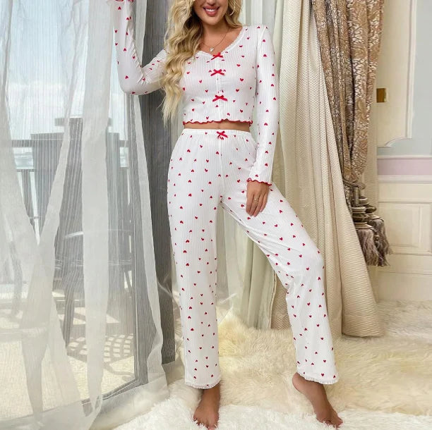 Women's V-neck Long Sleeve Elastic Waist Knitted Pajamas Set Spring Daily Life Two-Piece Sleepwear