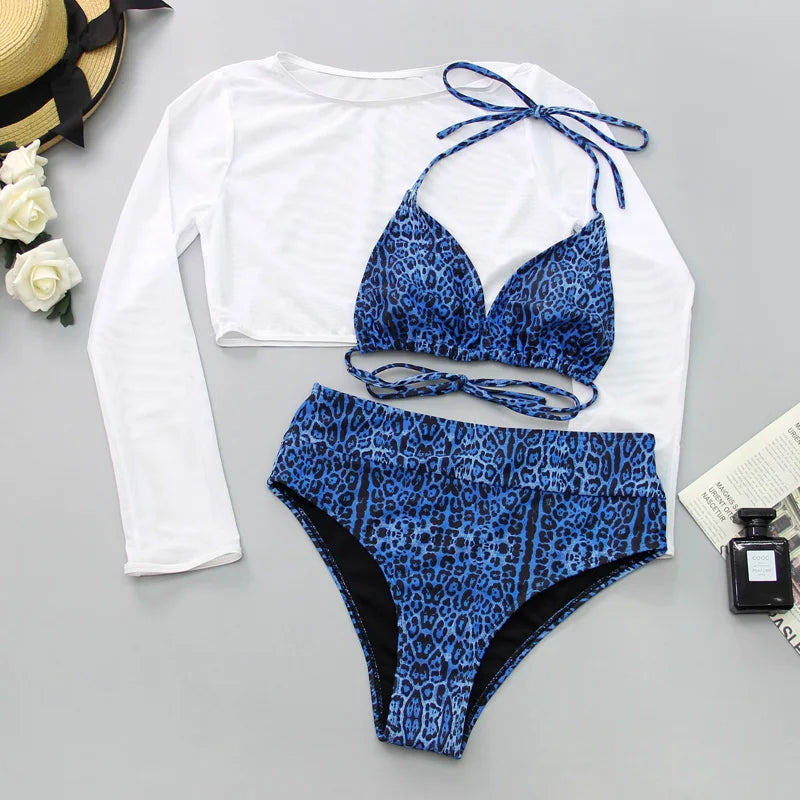 2024 Neon Yellow Crop Top Swimwear Women Summer Sexy Beachwear Mesh Long Sleeve Cover Ups Top Three Piece Swimsuit Bikini Set