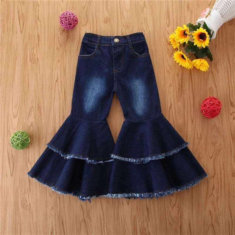 Fashion Children's Wear Spring Fall Kids Girl's Jeans Double Deck Bell Bottoms Tassels New Born Baby Cloth Flare Pants
