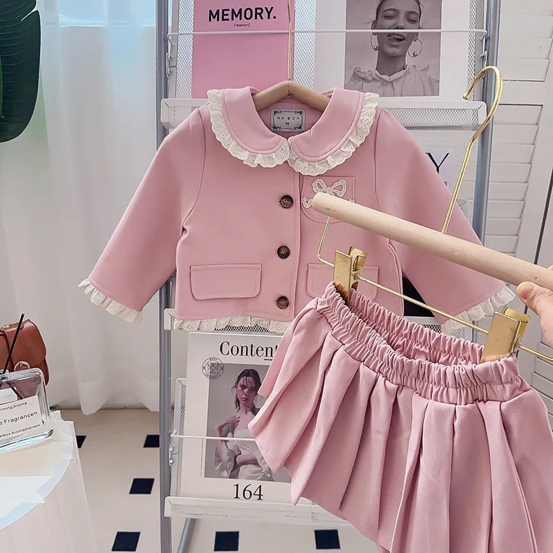 Girls Small Fragrant Wind Set Spring and Autumn New College Wind Small Fragrant Wind Top Pleated Skirt Two-piece Set