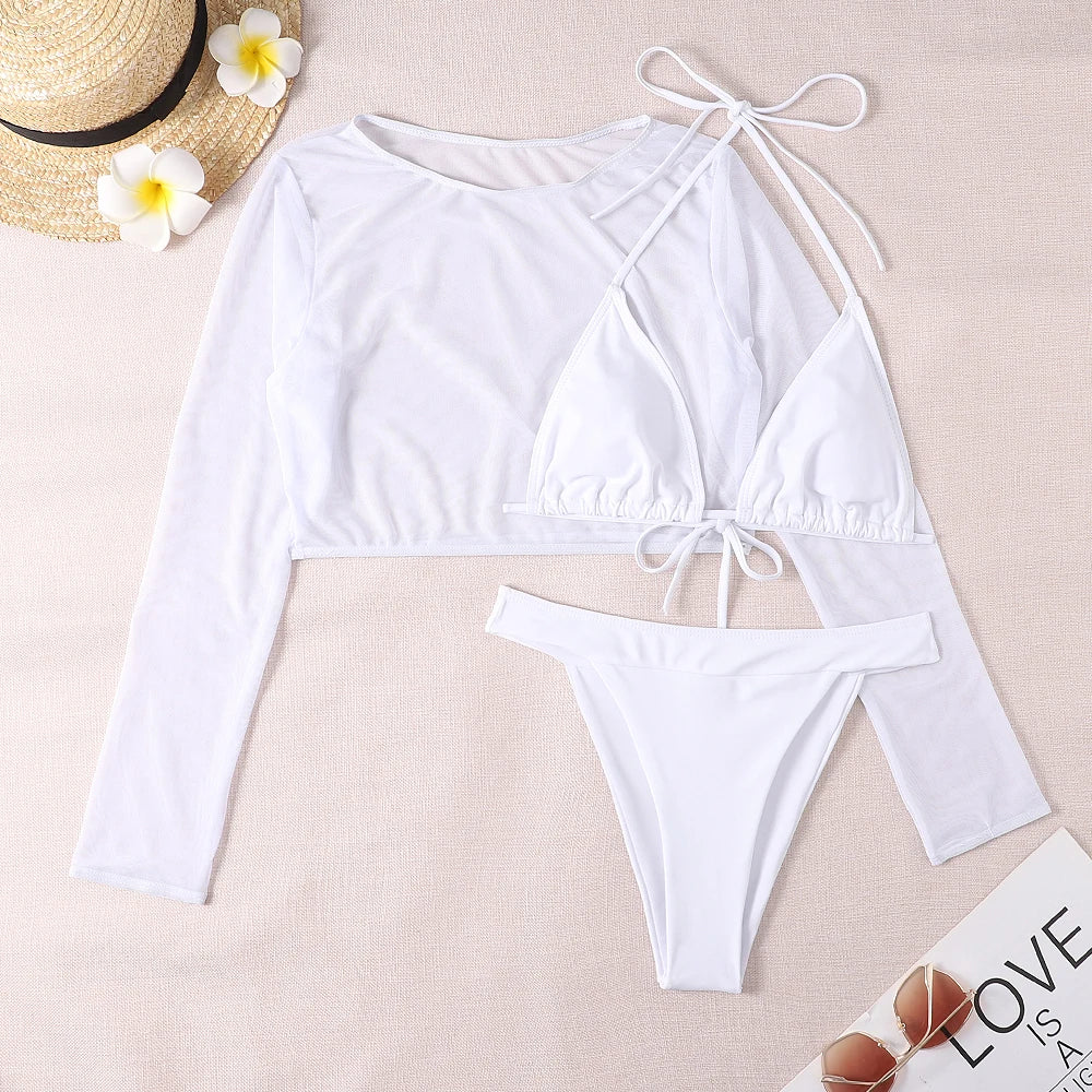 2024 Neon Yellow Crop Top Swimwear Women Summer Sexy Beachwear Mesh Long Sleeve Cover Ups Top Three Piece Swimsuit Bikini Set