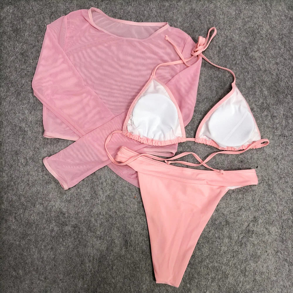 2024 Neon Yellow Crop Top Swimwear Women Summer Sexy Beachwear Mesh Long Sleeve Cover Ups Top Three Piece Swimsuit Bikini Set