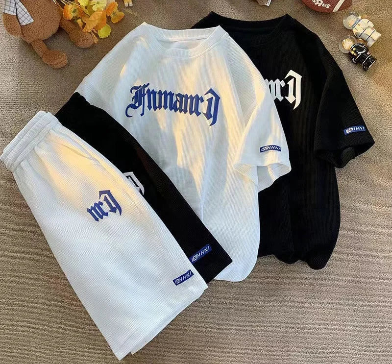 2024 Summer New Large Men's Sportswear Set Waffle Short Sleeve Shorts Versatile Loose Two Piece Set