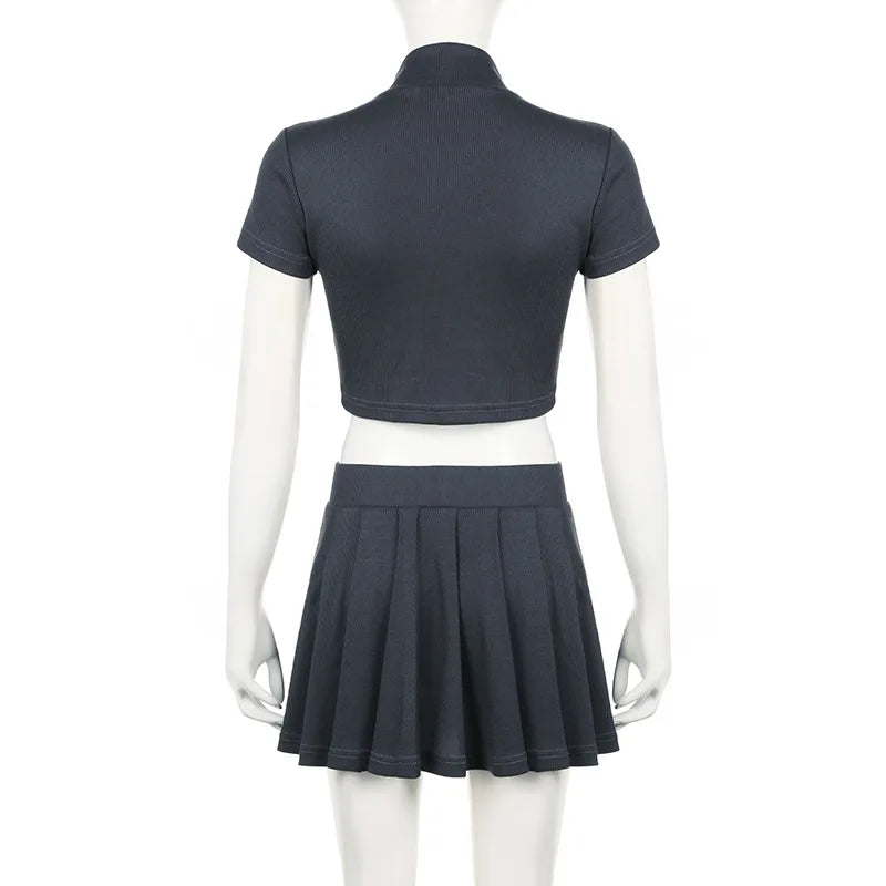 Women'S Summer Knit Solid Color Lapel Short-Sleeved Zipper Coat High-Waisted Pleated Skirt Fashion Sports Casual Two-Piece Set