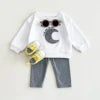 Autumn Baby Clothing Sets Wholesale New Born Infant Casual Sportswear with Spring Cotton Sun Moon Embroidery 2pcs Set