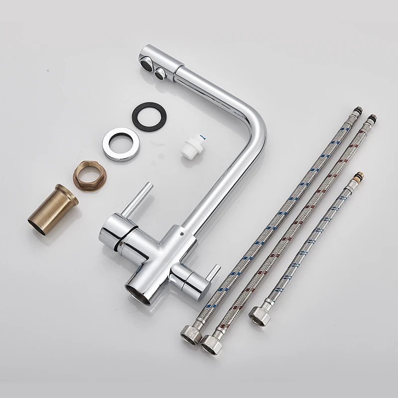 Chrome Kitchen Faucet Dual Swivel Spout Drinking Water Filter Brass Purifier Vessel Sink Mixer Tap Hot and Cold Water Torneira