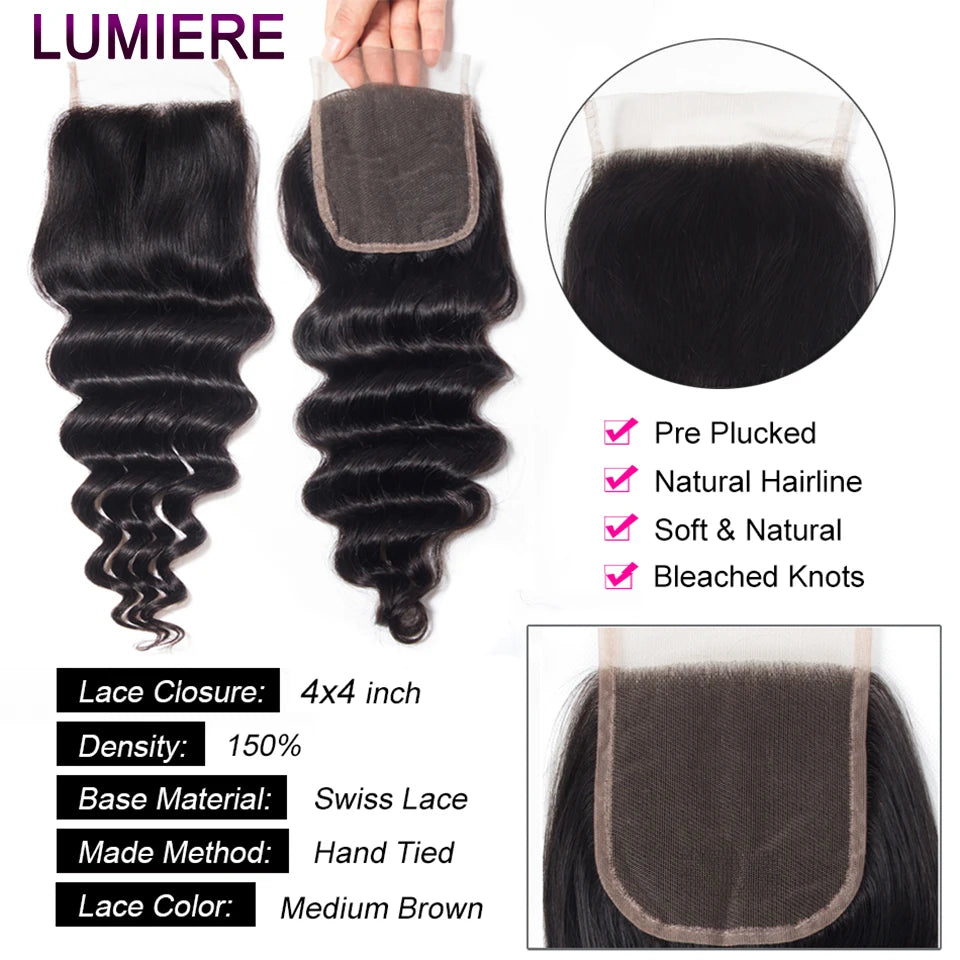 40" Loose Deep Wave Human Hair Bundle With Closure Frontal HD Transparent Lace Closure With Bundle Human Hair Weave Bundles Deal