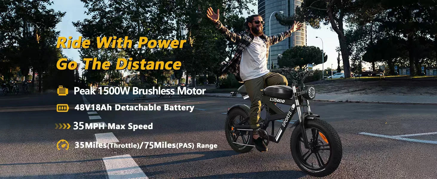 Electric Bike for Adults,1500W Peak,35MPH,48V 816Wh Battery,MAX 75Miles Electric Motorcycle,20'' Fat Tire Dirt Bike,7-Speed Bike