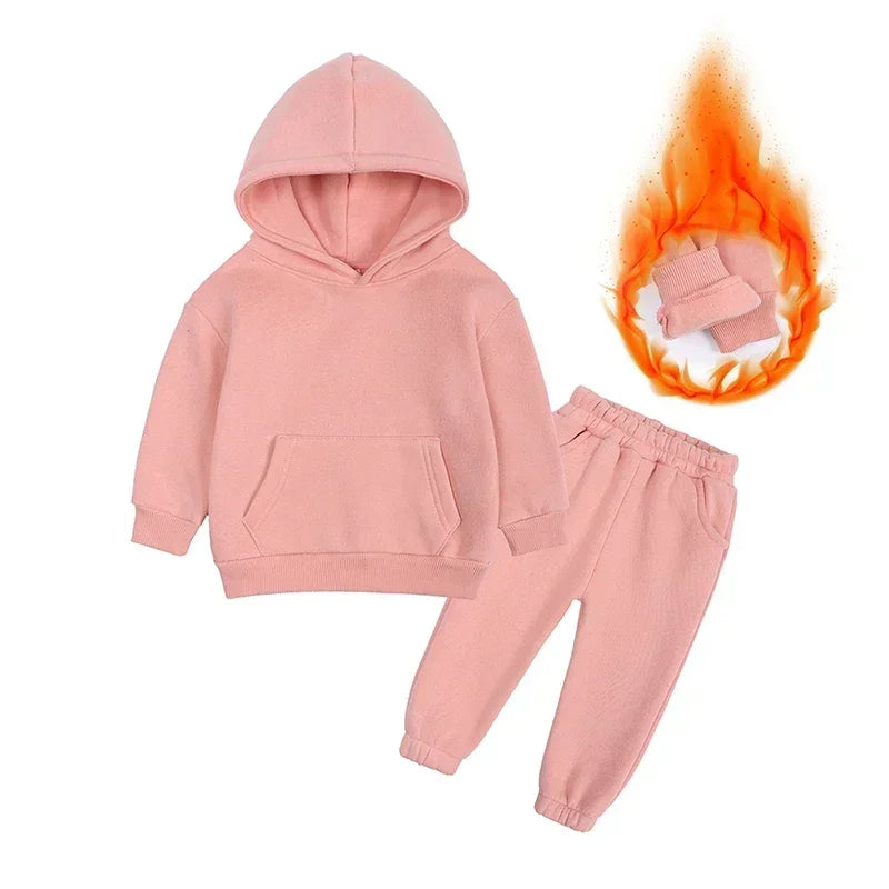 Children Fleece Winter Outfit Toddler Cotton Solid Hoodies Pullover Sweatshirt Pants Tracksuit Set Kids Boy Girl Warm Sweatsuits