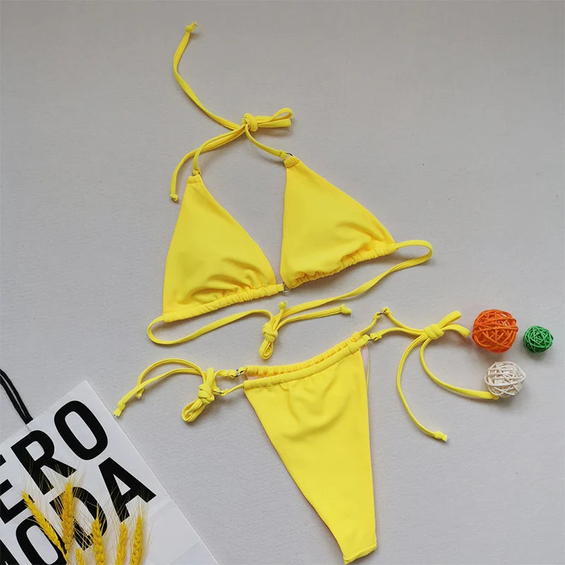 Brazilian Sexy Micro Mini Thong Bikini Set String Bandage Swimwear Women Beachwear Backless Swimsuit Triangle Push Up Biqiuni