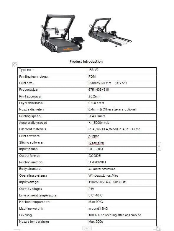 3D Printer IdeaFormer IR3 V2 Infinite Z-Axis Steel Conveyor Belt 250×250×∞mm With Extended Tray Klipper Firmware Auto Leveling