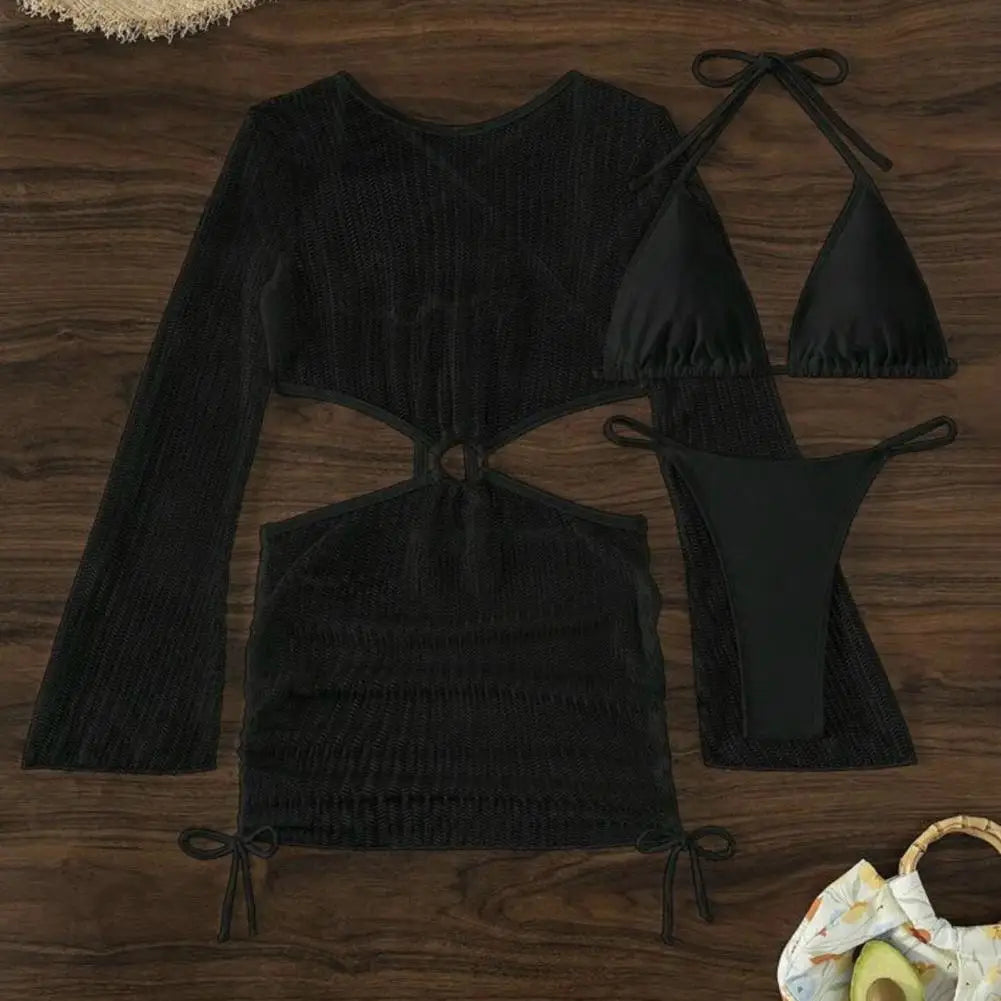 3Pcs/Set Women Bikini Set Halter Bra Lace-up Swimsuit Set With Mesh Yarn Cover Up Dress Solid Color Knitted Swimwear For Women
