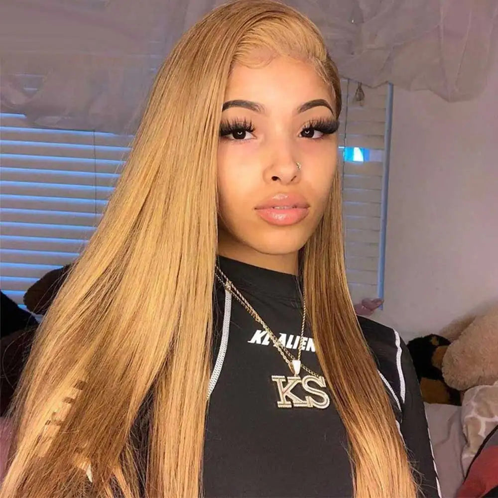 Tuneful 27# Honey Blonde Colored Human Hair Wigs Straight 180% 13x6 HD Transparent Lace Front Human Hair Wigs For Women