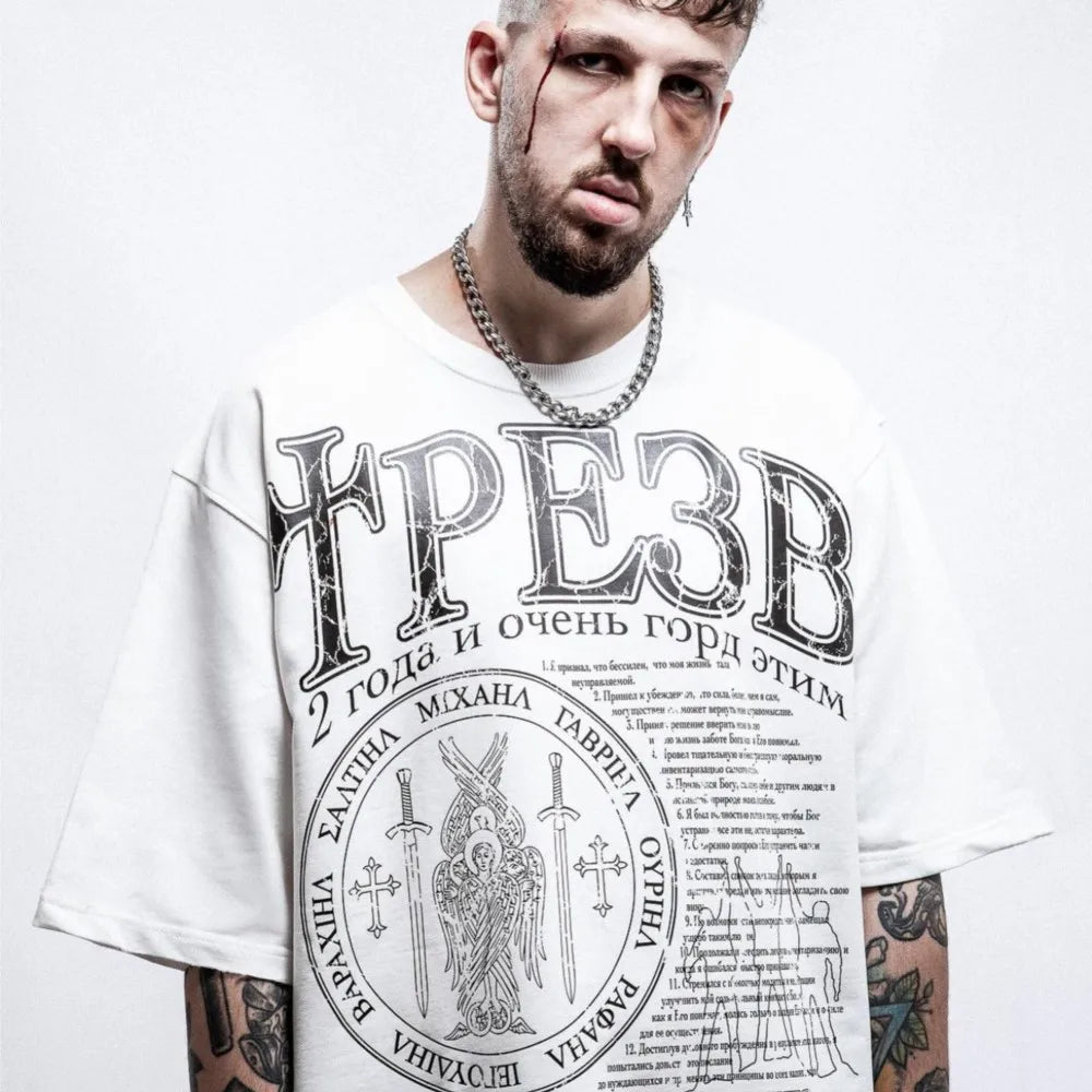 Hip Hop Streetwear Men's Tshirt Sober Graphic Oversized Short Sleeve Aesthetic Print Y2k Tops Tees Harajuku Goth Clothing Cotton