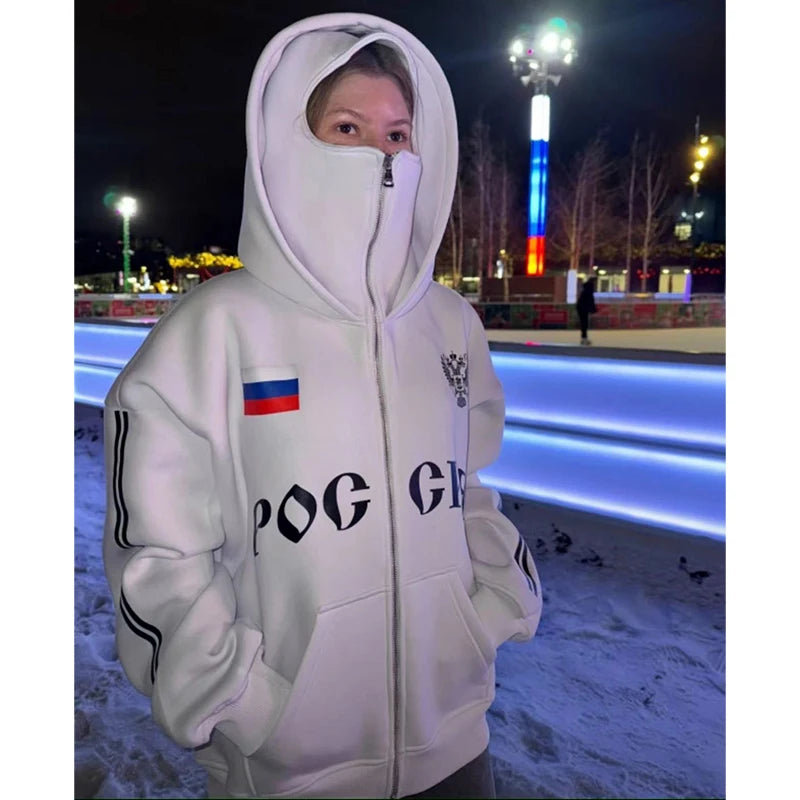 Y2K Clothes Men's Hip Hop Autumn Russia Hot Sale Vintage Double Zip Hoodies Lettering Graphic Hoodies Sweatshirts Casual Jacket