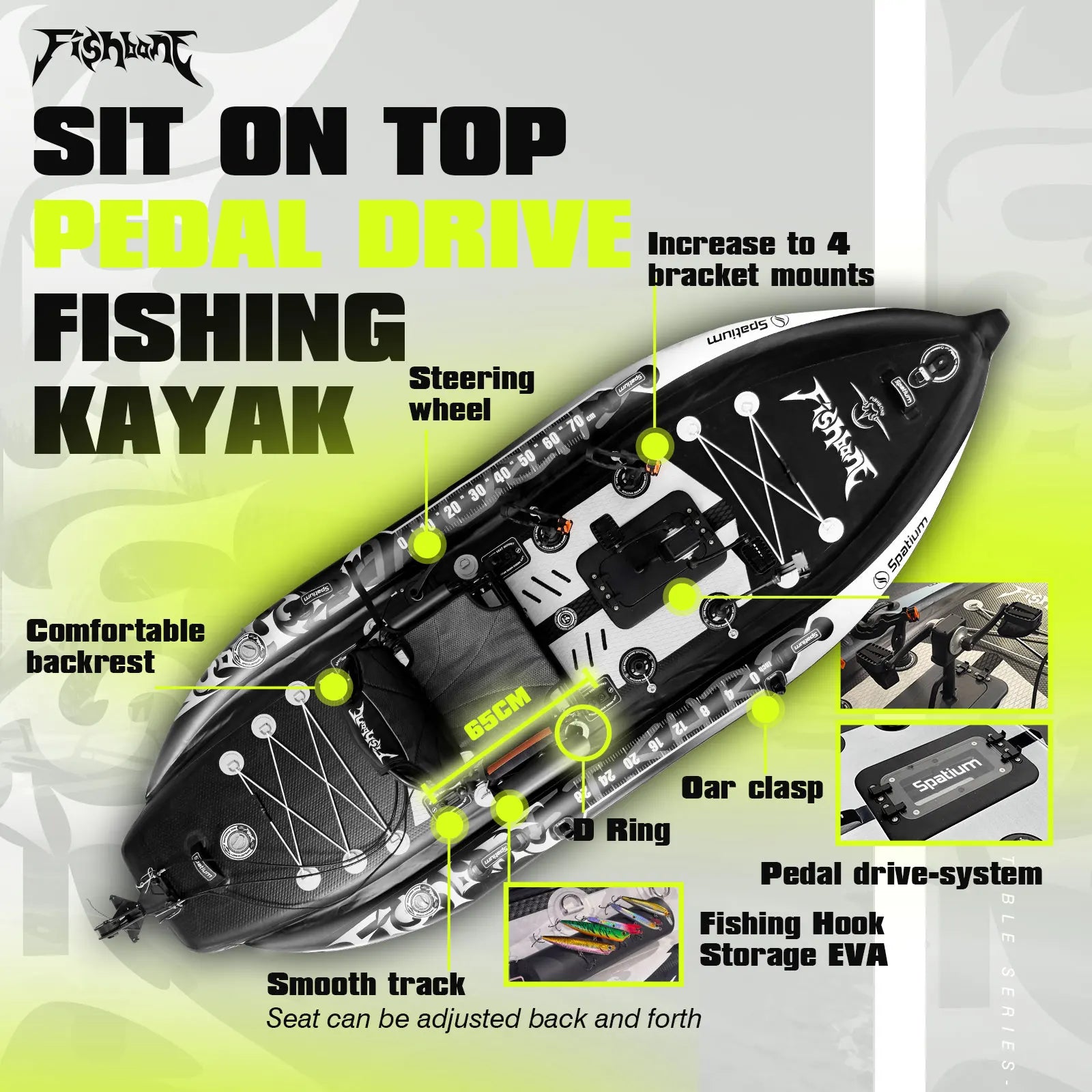 Spatium Fishing Kayak Boat Pedal Drive Sit on Top Pedal Drive Kayak Power System Orientation System, 11'*48"*6",Capacity 660LBS