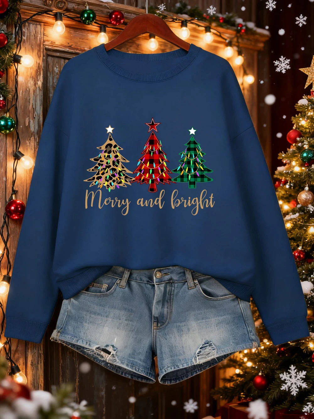 Merry Christma Funny Trees Printing Sweatshirt Women Loose Basics Hoodies Fleece Crewneck Clothes Winter Warm Woman Pullover