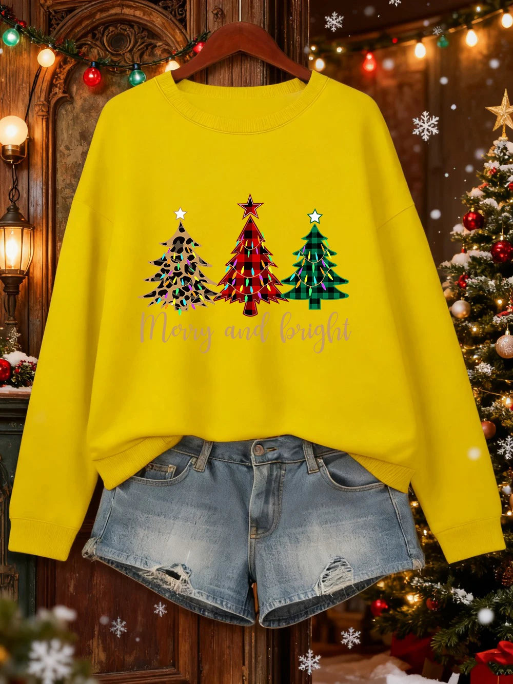 Merry Christma Funny Trees Printing Sweatshirt Women Loose Basics Hoodies Fleece Crewneck Clothes Winter Warm Woman Pullover