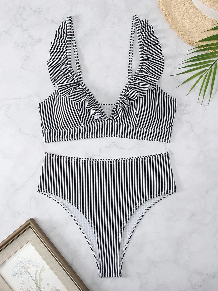 Sexy Striped Ruffle Bikini Swimsuit Women 2025 Two-piece Swimwear High Waisted Bikinis Sets Female Bathing Suit Push Up Monokini