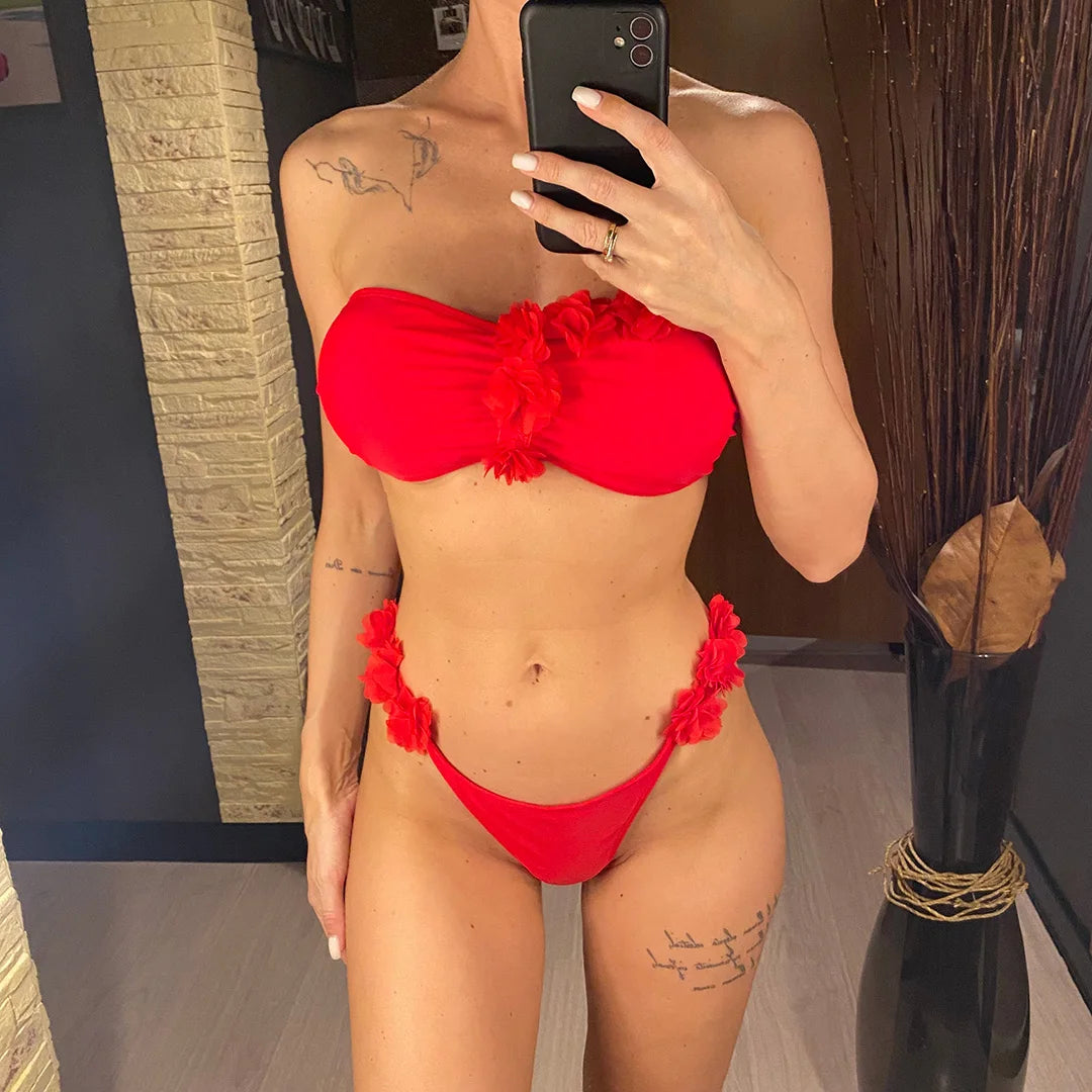 XS - L 3D Flowers Bandeau High Cut Bikini Women Swimwear Female Swimsuit Two-pieces Bikini set Bather Bathing Suit Swim V5961