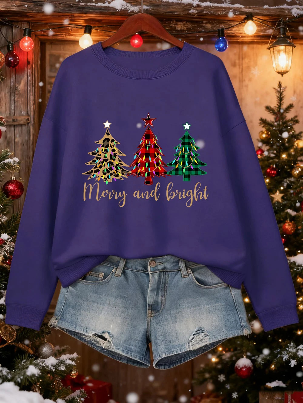 Merry Christma Funny Trees Printing Sweatshirt Women Loose Basics Hoodies Fleece Crewneck Clothes Winter Warm Woman Pullover