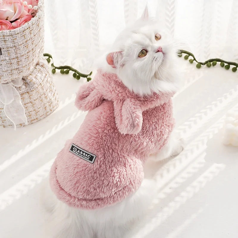 Fashion Plush Dog Hoodies Coat Winter Warm Dog Clothes Rabbit Pattern Cat Jacket Cute Solid Puppy Hoodies Bichon Pet Jacket Coat
