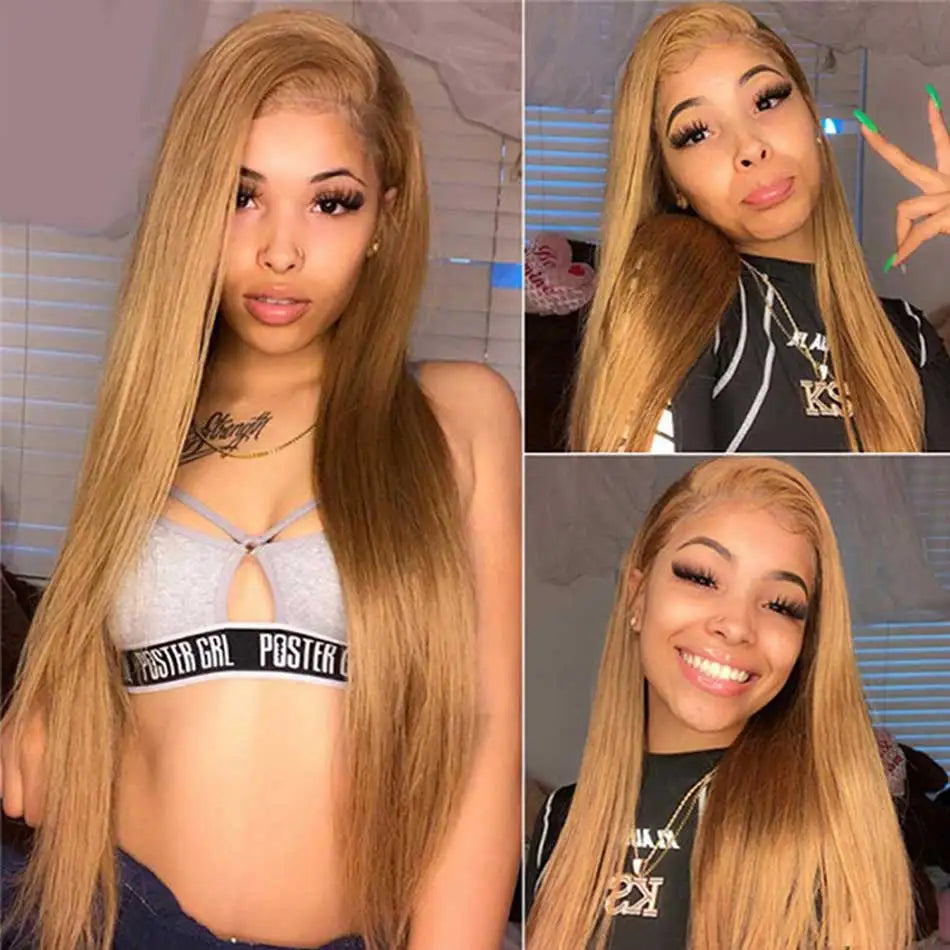 Tuneful 27# Honey Blonde Colored Human Hair Wigs Straight 180% 13x6 HD Transparent Lace Front Human Hair Wigs For Women