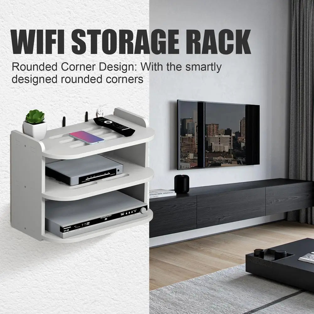2 Tier Floating Shelves Wifi Router Hanging Layer Multi Tap Outlet Set Top Box Holder Cable Bracket Wall Mount Storage Organizer