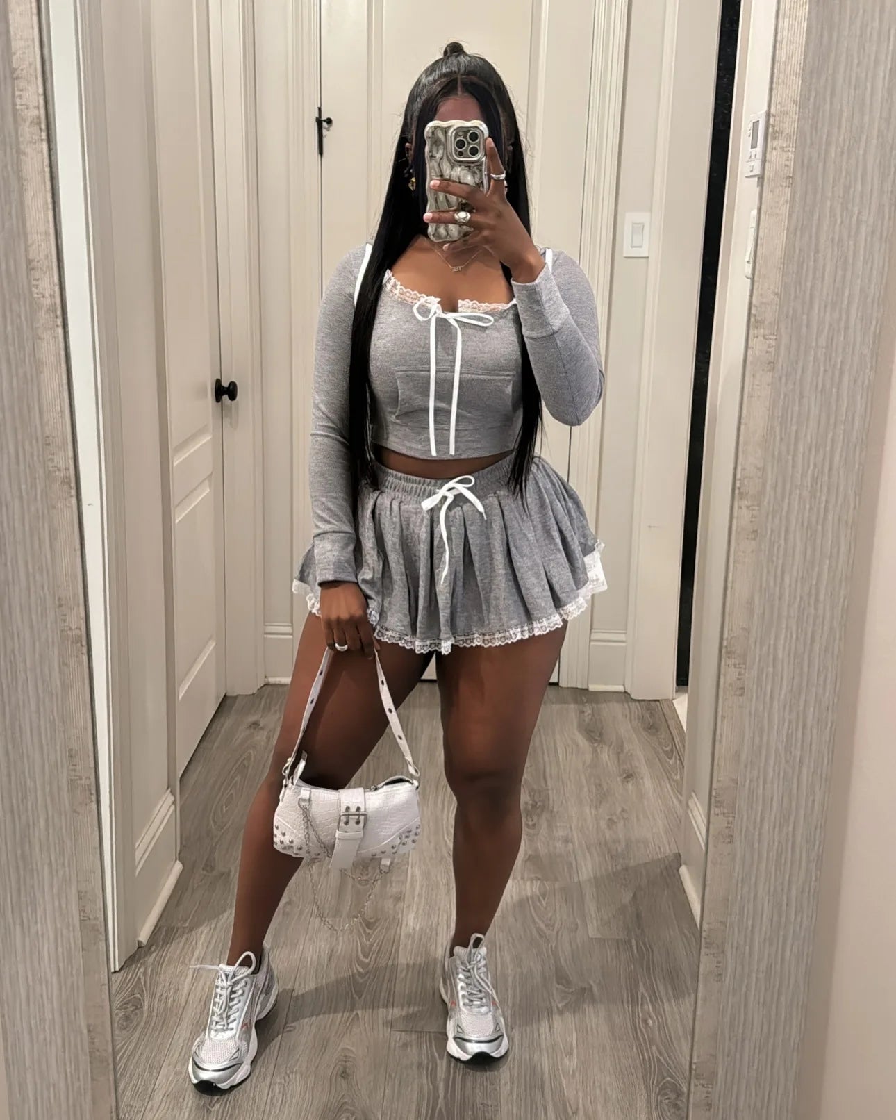 CM.YAYA Women Mini Pleated Skirts Set +Full Sleeve Lace Hoodies Two 2 Piece Set Outfits Fall Street Night Club Cute Outfits