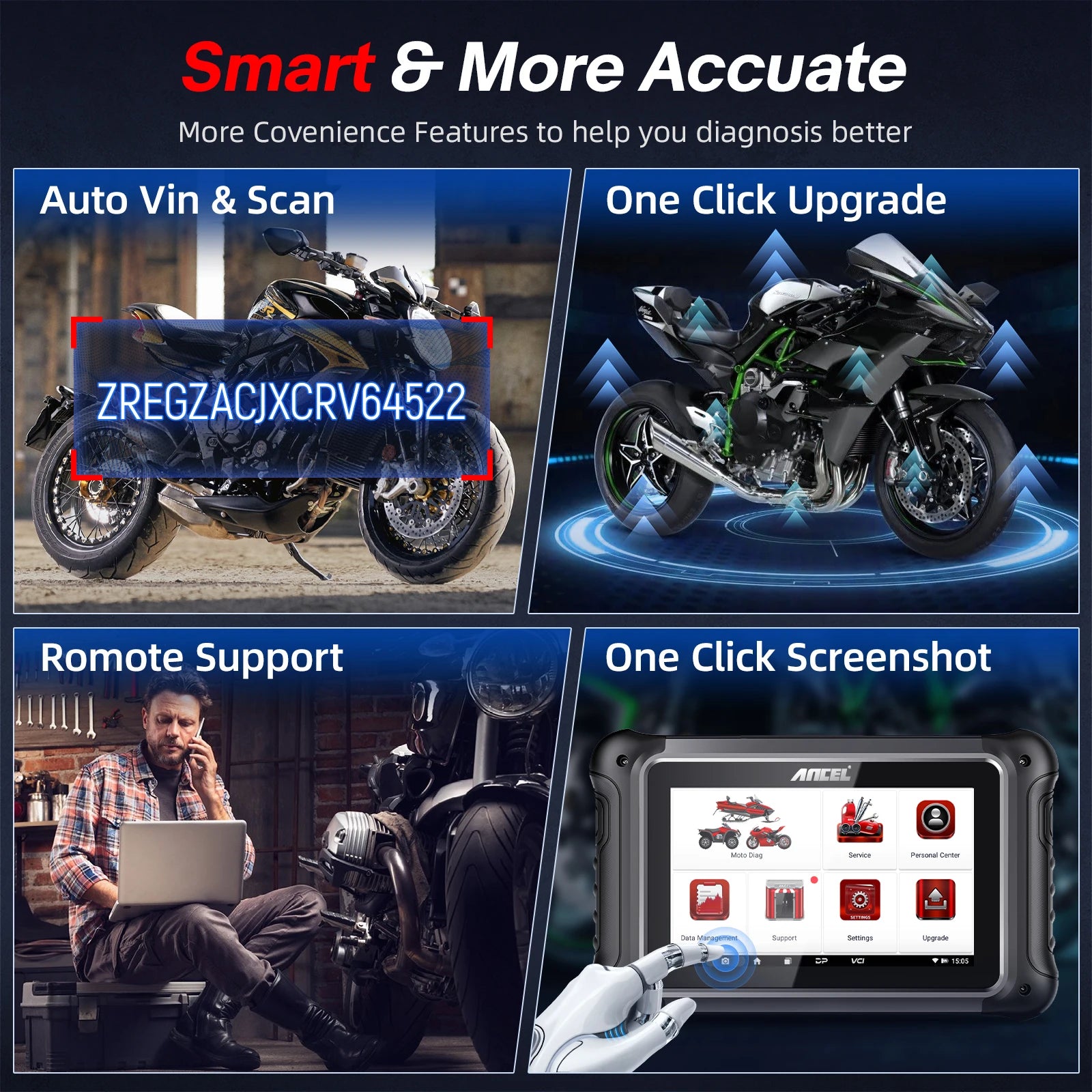 ANCEL MT700 OBD2 Motorcycle Scanner Full System Diagnostic Tool Oil Reset ABS Bleeding ECU Coding Active Test for Motorcycle