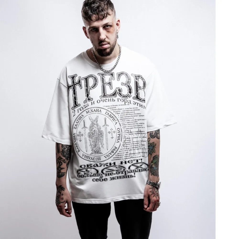 Hip Hop Streetwear Men's Tshirt Sober Graphic Oversized Short Sleeve Aesthetic Print Y2k Tops Tees Harajuku Goth Clothing Cotton