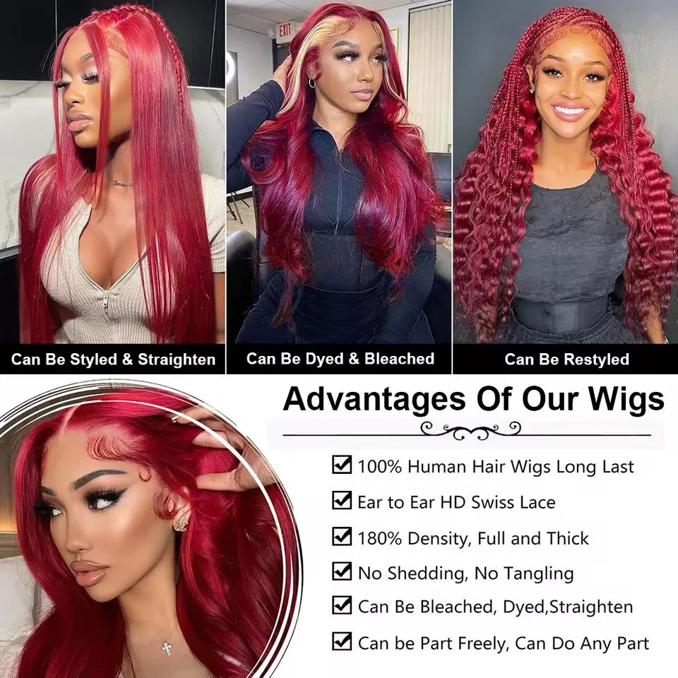 13x6 HD Lace Frontal Human Hair Wig 13x4 Lace Front Wigs Human Hair Brazilian Lace Wigs 99j Body Wave 200 Density Burgundy 5×5