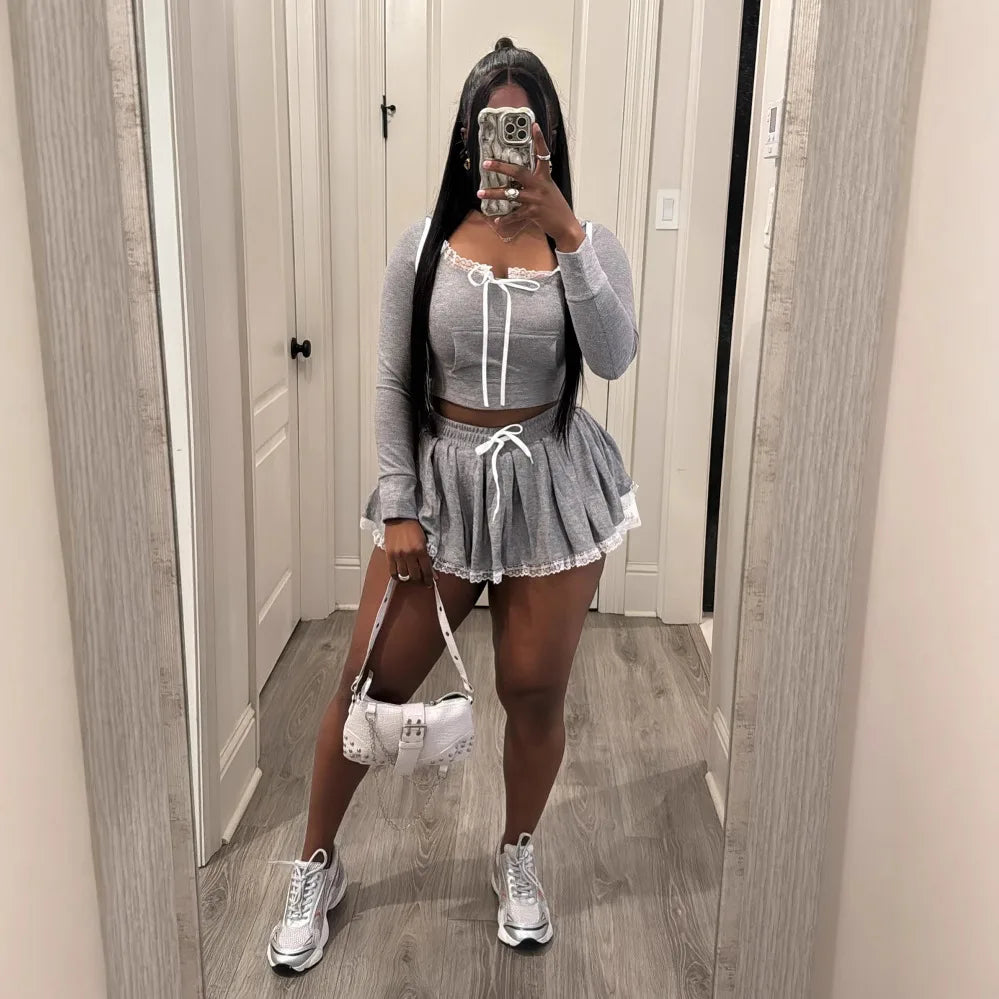 CM.YAYA Women Mini Pleated Skirts Set +Full Sleeve Lace Hoodies Two 2 Piece Set Outfits Fall Street Night Club Cute Outfits