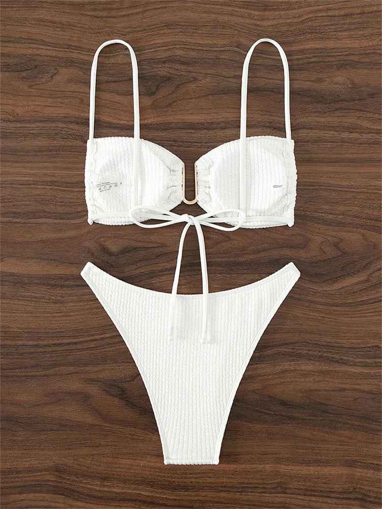 Sexy U Neck Bikini Set Women Solid White Black Push Up Pleate Micro Swimsuit 2024 Brazilian Cut Out Bathing Suit Thong Swimwear