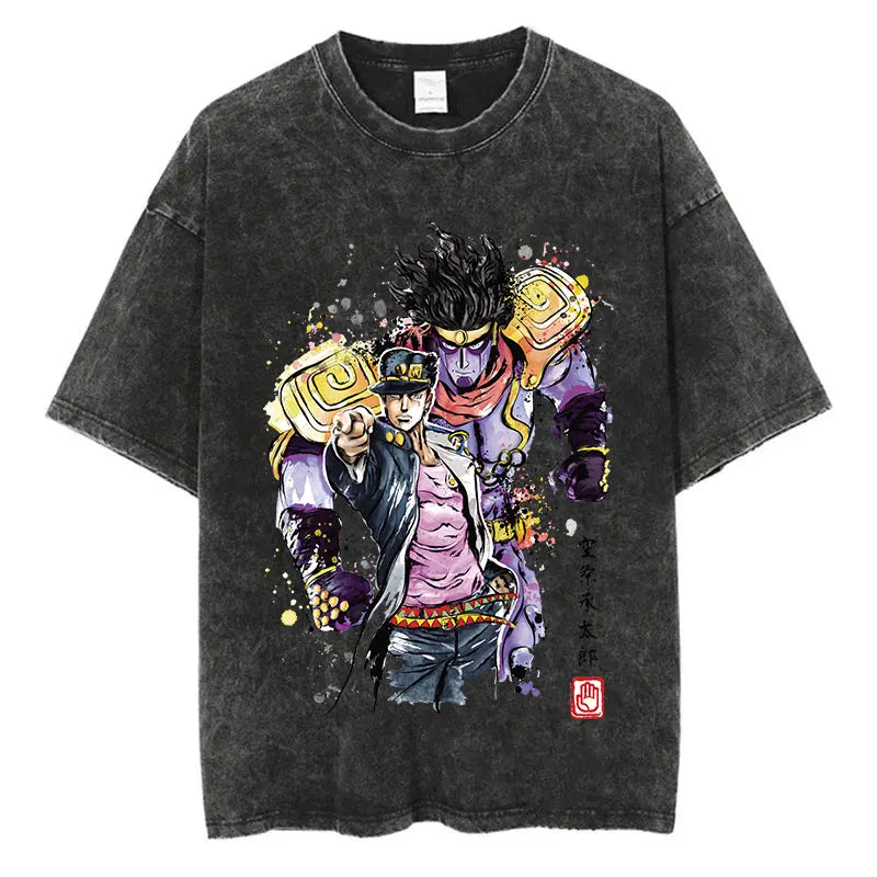 Vintage Washed TShirt Men Summer Hip Hop Streetwear T-shirt JoJo Bizarre Adventure Anime Print Cotton Casual Short Sleeve Tshirt