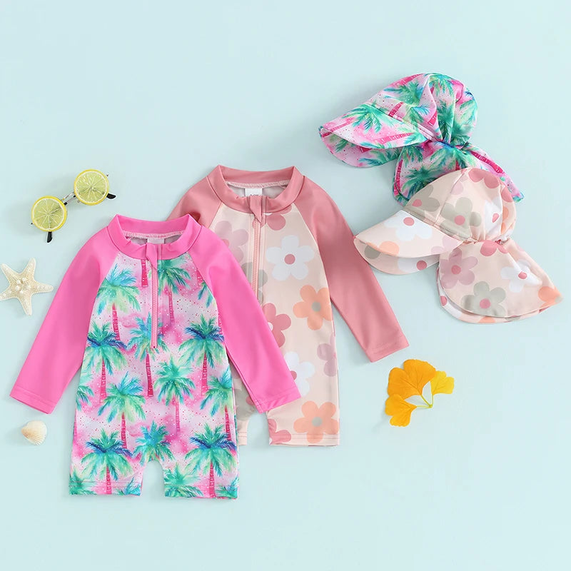 Lioraitiin Newborn Baby Girls Swimwear Infant Swimsuit Rash Guard Bathing Suit Toddler Beach Long Sleeve Zip Up Summer