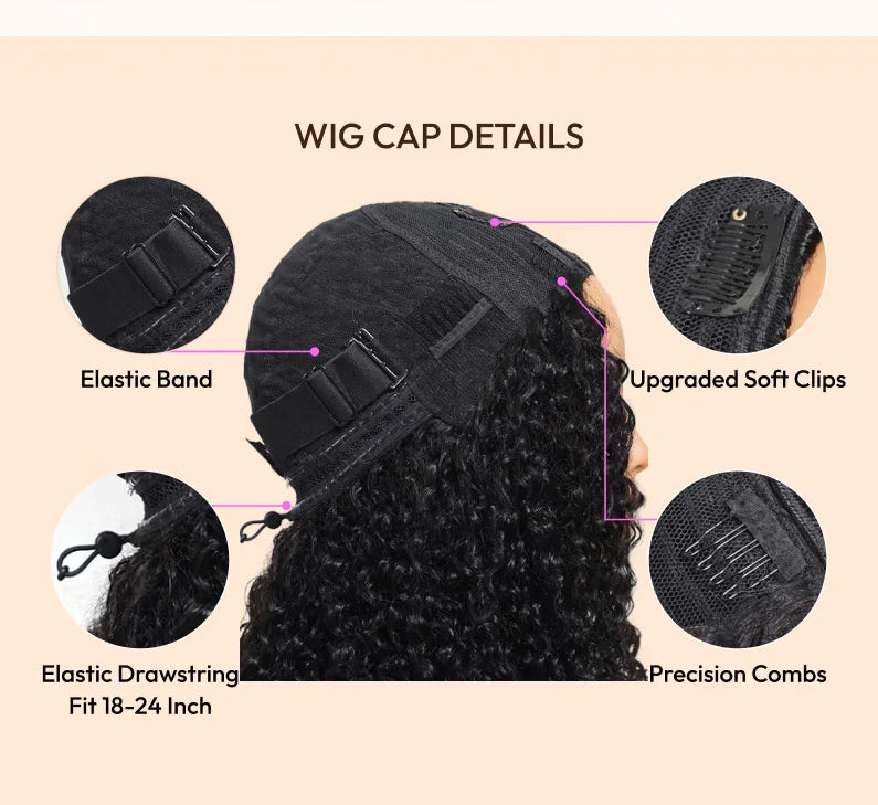 UNice Burmese Curly V Part Wig With Drawstring Clip-In Human Hair Wigs 180% Density No Glue Minimal Leave-out