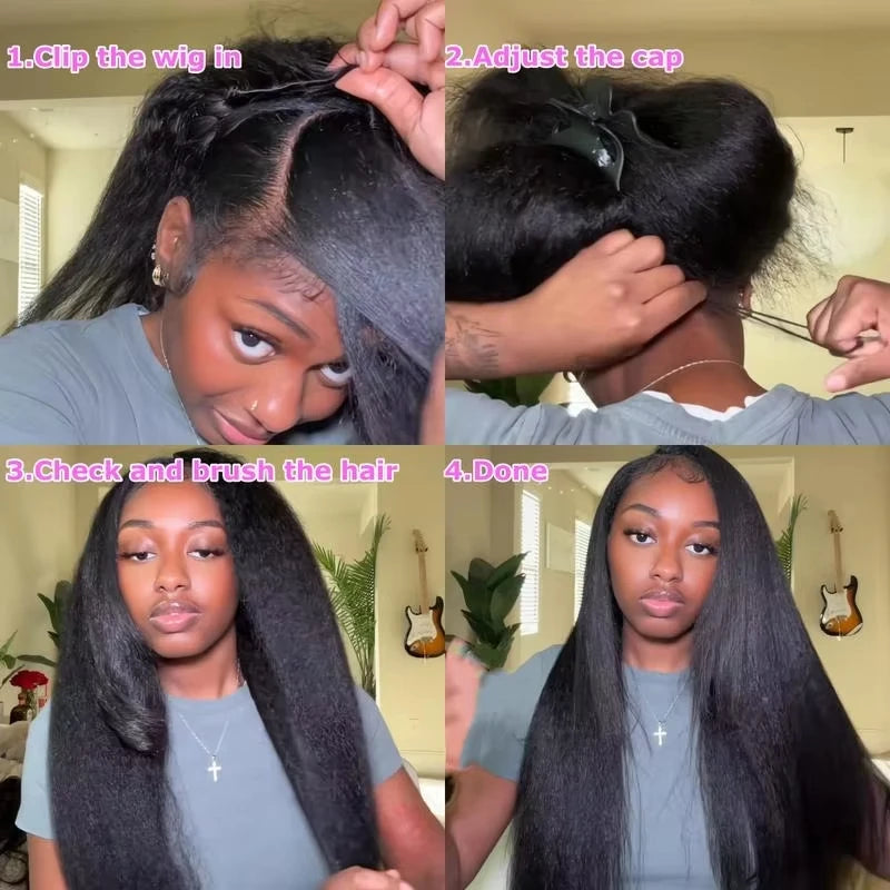 Kinky Straight Glueless Wigs Adjustable Drawstring 3 IN 1 Half Wigs Human Hair 250% Snug Fit No Leave Out Clip-in Yaki Wave Wigs