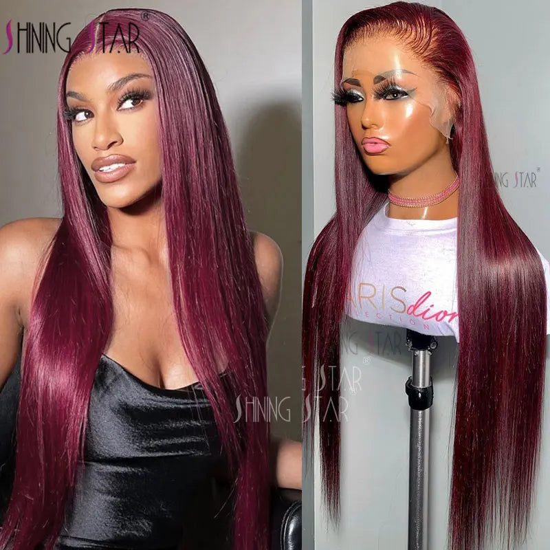 Burgundy Red Bone Straight Lace Front Human Hair Wigs Pre Plucked Colored 99J Red 13x6 Transparent Lace Frontal Wig Human Hair