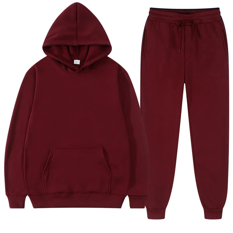 Winter Hoodie Sets Men Fashion Fleece Red Hoodies Black Brand Pants Casual Jogger Suit Tracksuit Sweatshirt Woman Pullover