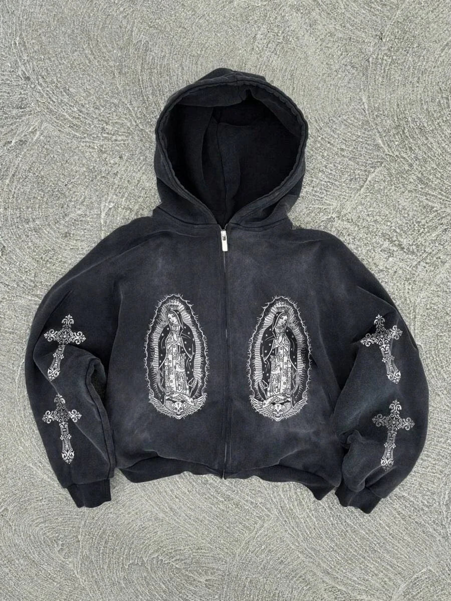 New Y2K Harajuku American Good Luck Pattern Printed hoodie man clothes Vintage Hip Hop Jacket Gothic Style Casual zip up hoodies