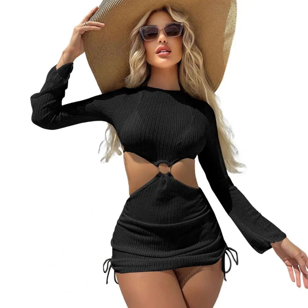 3Pcs/Set Women Bikini Set Halter Bra Lace-up Swimsuit Set With Mesh Yarn Cover Up Dress Solid Color Knitted Swimwear For Women