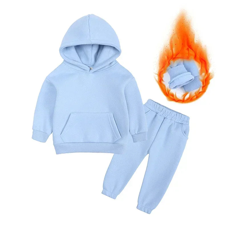 Children Fleece Winter Outfit Toddler Cotton Solid Hoodies Pullover Sweatshirt Pants Tracksuit Set Kids Boy Girl Warm Sweatsuits