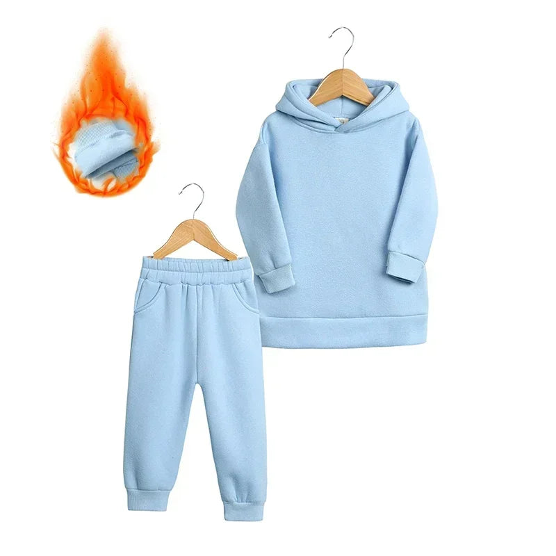 Children Fleece Winter Outfit Toddler Cotton Solid Hoodies Pullover Sweatshirt Pants Tracksuit Set Kids Boy Girl Warm Sweatsuits