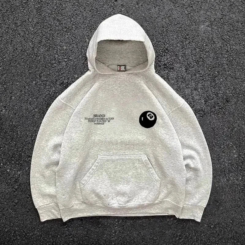 Retro 8-ball pattern hooded men's streetwear,oversized pullover, casual and fashionable sportswear, daily wear and hip-hop style