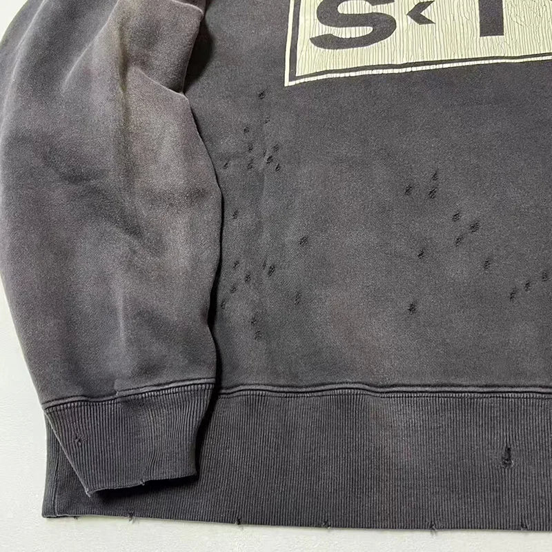 New Letter Print SAINT Hoodies Men Woman Retro Washed Damaged High Street Pullover Sweatshirts Loose Casual Good Quality
