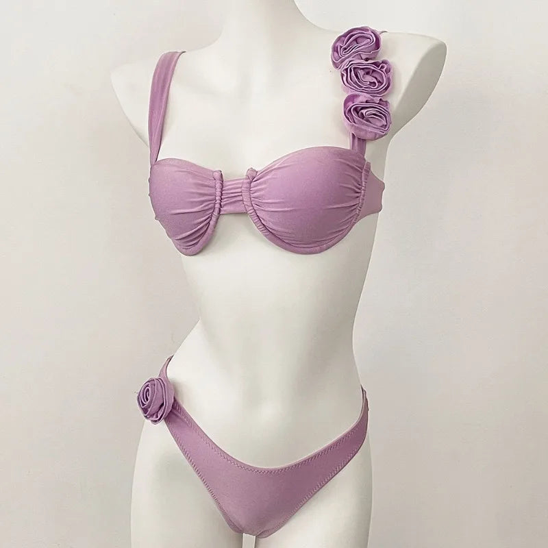 Style Flower Bikinis Women's 2 Piece 3D Rose Bikini Set High Cut Cheeky Swimsuit Floral Appliques Bathing Suit