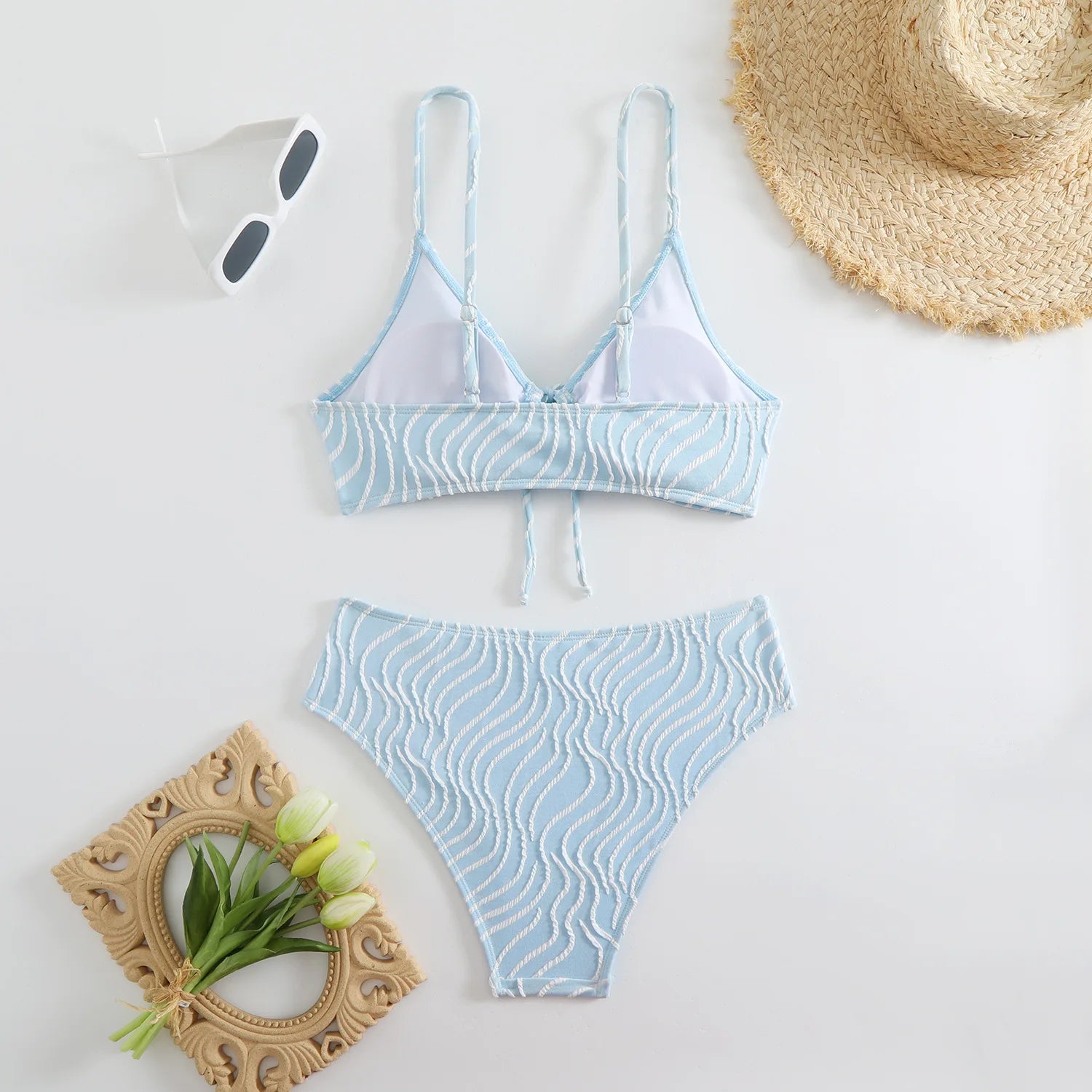 2026 New Women's Bikini Set Stripe Print 2 Pice Swimsuit Drawstring Lace-up V Neck Suspender Backless Beach Vacation Swimwear