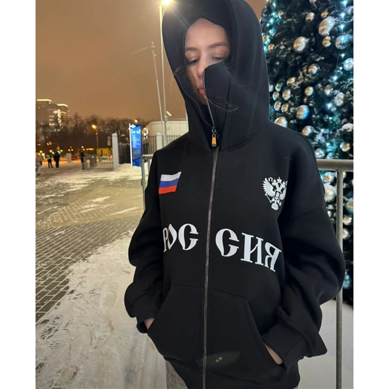 Y2K Clothes Men's Hip Hop Autumn Russia Hot Sale Vintage Double Zip Hoodies Lettering Graphic Hoodies Sweatshirts Casual Jacket