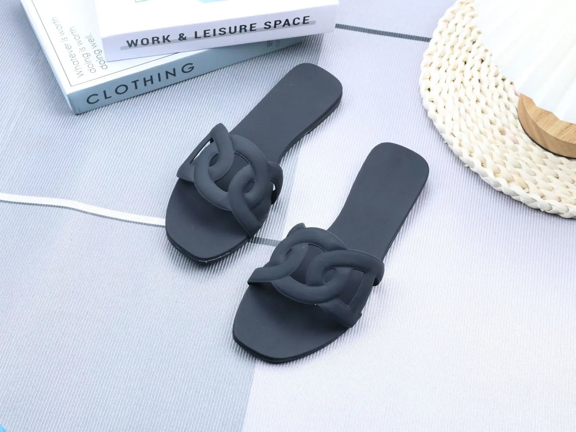 Summer women's one-word sandals daily leisure shopping beach wear flat shoes versatile solid color hollow